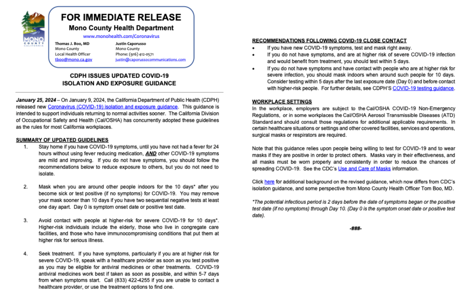 CDPH Issues Update on COVID19 Isolation and Exposure Guidance Mono County Kids